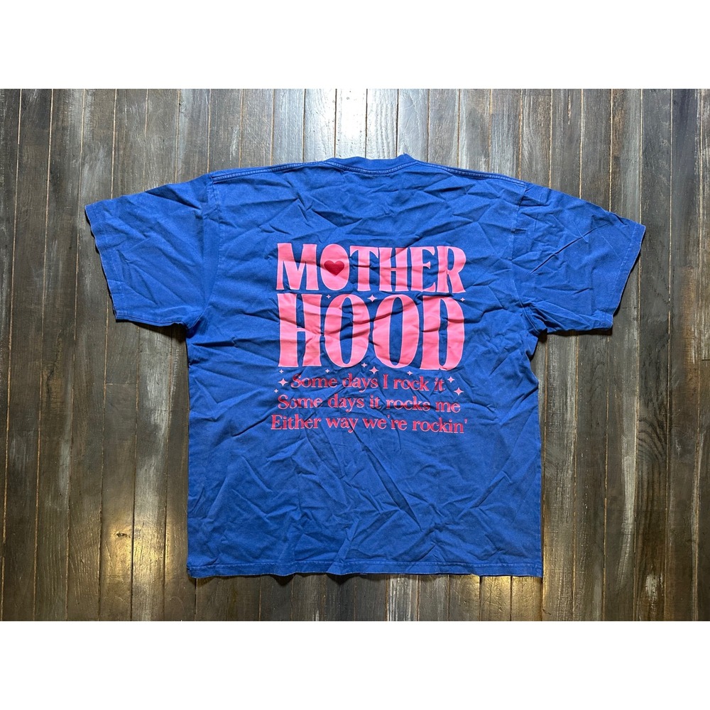 Freelect Motherhood Graphic T-Shirt Blue Mineral Wash Pink Text - Picture 3 of 4
